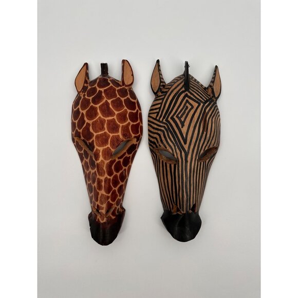 Wood Carved Decorative Zebra Girrafe Heads Hand Made - Picture 1 of 9
